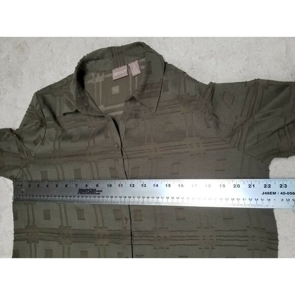 Chico's Womens Size 2 Long Sleeves Button Down Top Embroider Geo Silver Green - Picture 4 of 5